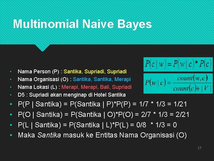 Multinomial Naive Bayes • • Nama Person (P) : Santika, Supriadi Nama Organisasi (O)