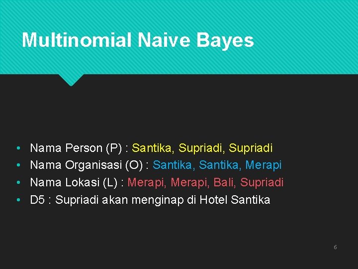Multinomial Naive Bayes • • Nama Person (P) : Santika, Supriadi Nama Organisasi (O)