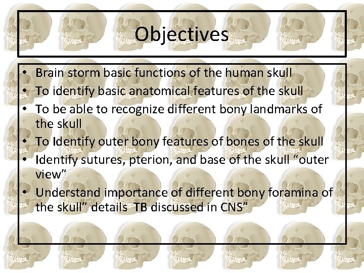 Objectives • Brain storm basic functions of the human skull • To identify basic