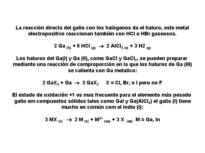 La reacción directa del galio con los halógenos da el haluro, este metal electropositivo