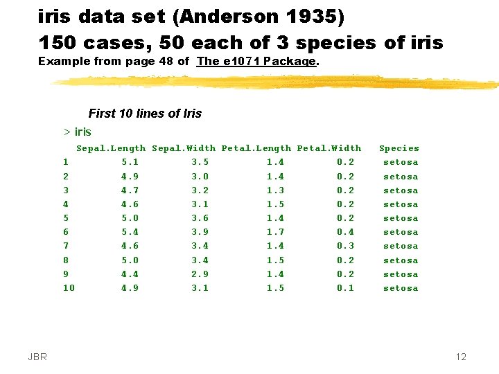 iris data set (Anderson 1935) 150 cases, 50 each of 3 species of iris iris data set (Anderson 1935) 150 cases, 50 each of 3 species of iris