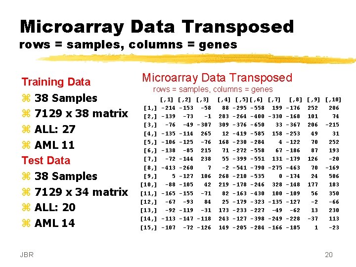 Microarray Data Transposed rows = samples, columns = genes Training Data z 38 Samples