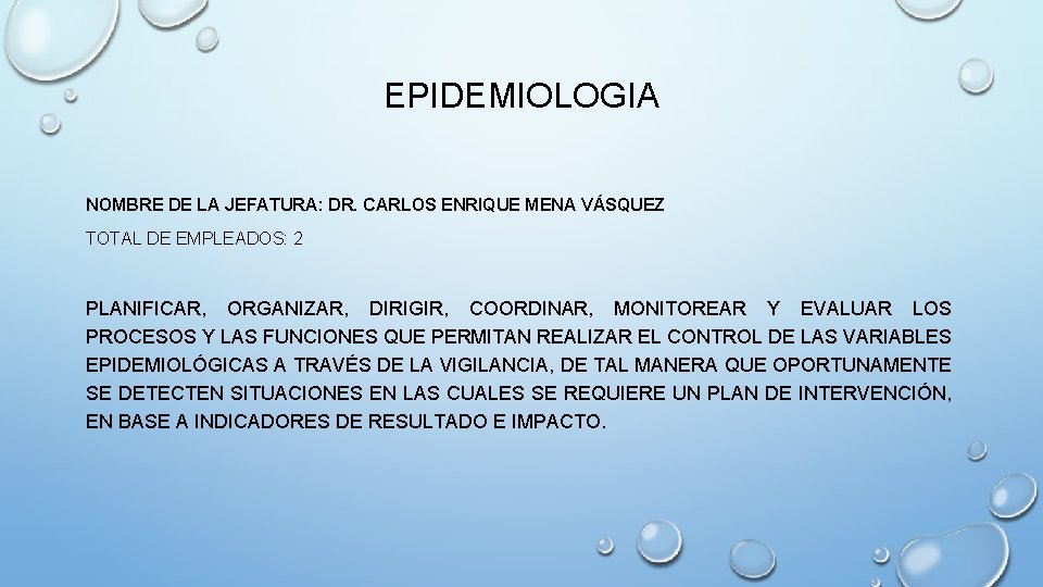 EPIDEMIOLOGIA NOMBRE DE LA JEFATURA: DR. CARLOS ENRIQUE MENA VÁSQUEZ TOTAL DE EMPLEADOS: 2