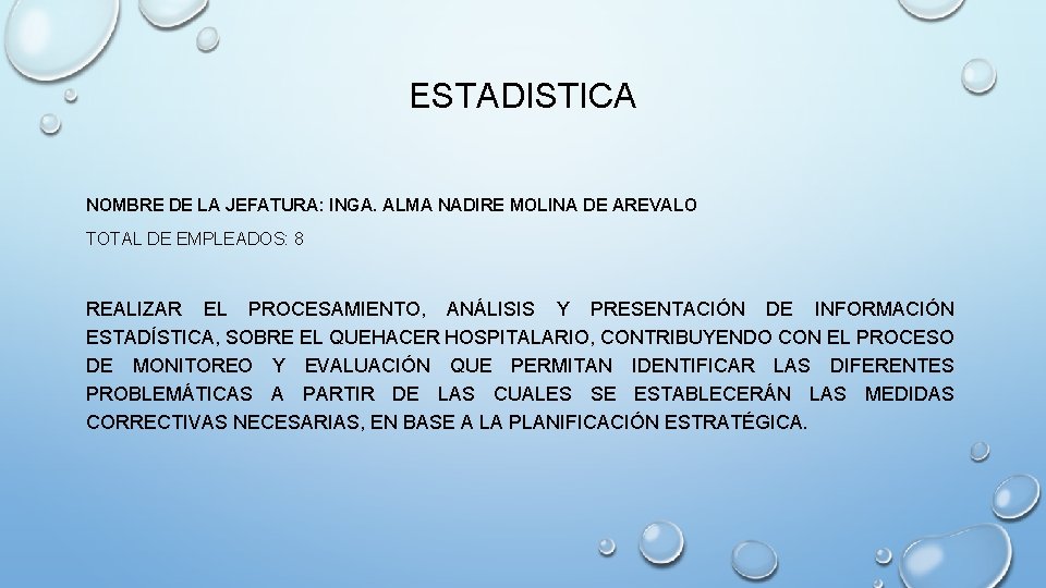 ESTADISTICA NOMBRE DE LA JEFATURA: INGA. ALMA NADIRE MOLINA DE AREVALO TOTAL DE EMPLEADOS: