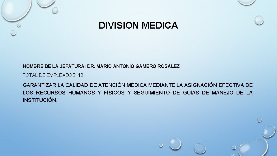 DIVISION MEDICA NOMBRE DE LA JEFATURA: DR. MARIO ANTONIO GAMERO ROSALEZ TOTAL DE EMPLEADOS: