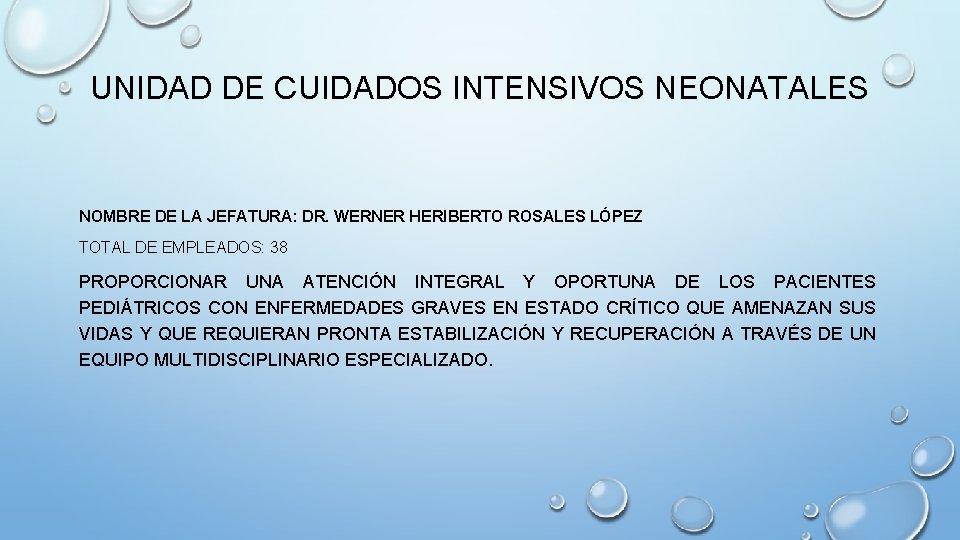 UNIDAD DE CUIDADOS INTENSIVOS NEONATALES NOMBRE DE LA JEFATURA: DR. WERNER HERIBERTO ROSALES LÓPEZ