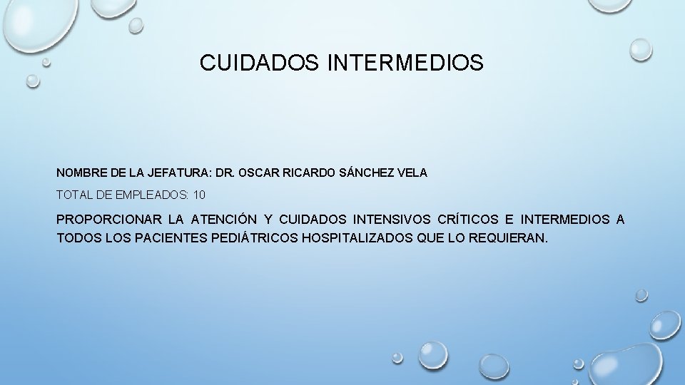 CUIDADOS INTERMEDIOS NOMBRE DE LA JEFATURA: DR. OSCAR RICARDO SÁNCHEZ VELA TOTAL DE EMPLEADOS: