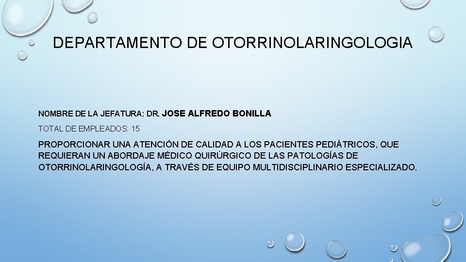 DEPARTAMENTO DE OTORRINOLARINGOLOGIA NOMBRE DE LA JEFATURA: DR. JOSE ALFREDO BONILLA TOTAL DE EMPLEADOS: