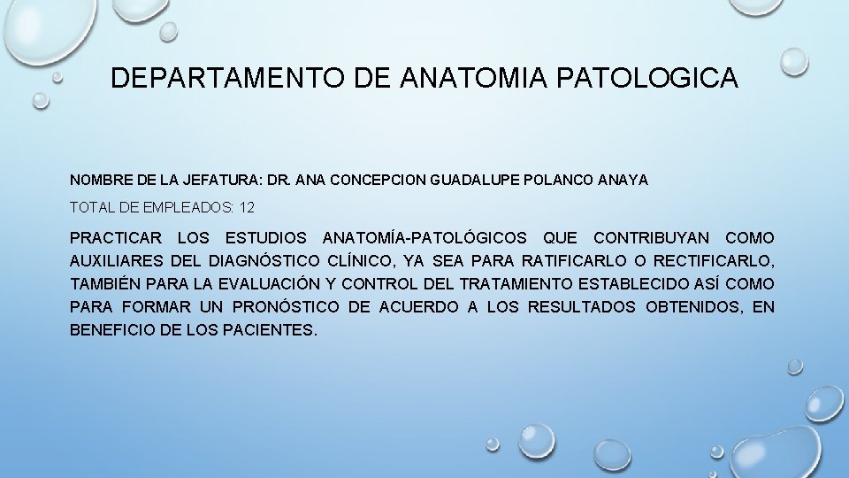 DEPARTAMENTO DE ANATOMIA PATOLOGICA NOMBRE DE LA JEFATURA: DR. ANA CONCEPCION GUADALUPE POLANCO ANAYA