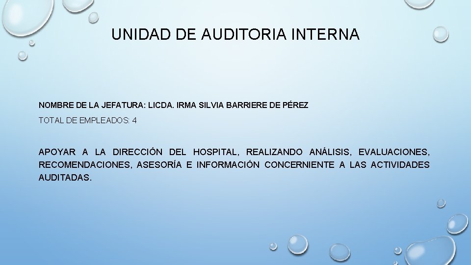 UNIDAD DE AUDITORIA INTERNA NOMBRE DE LA JEFATURA: LICDA. IRMA SILVIA BARRIERE DE PÉREZ