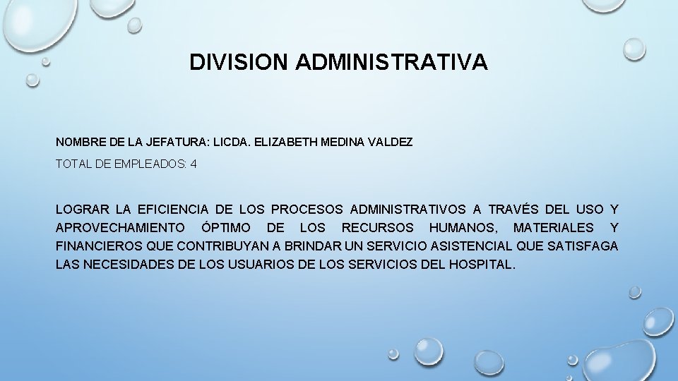 DIVISION ADMINISTRATIVA NOMBRE DE LA JEFATURA: LICDA. ELIZABETH MEDINA VALDEZ TOTAL DE EMPLEADOS: 4