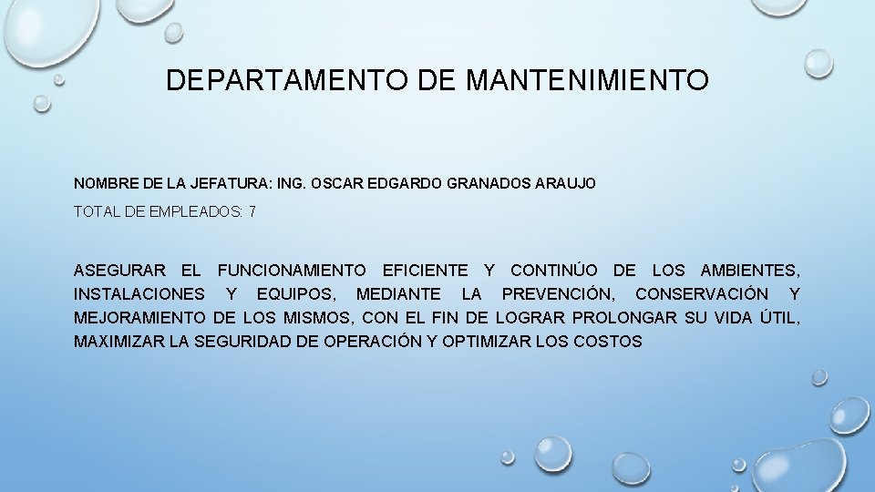 DEPARTAMENTO DE MANTENIMIENTO NOMBRE DE LA JEFATURA: ING. OSCAR EDGARDO GRANADOS ARAUJO TOTAL DE