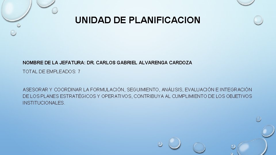 UNIDAD DE PLANIFICACION NOMBRE DE LA JEFATURA: DR. CARLOS GABRIEL ALVARENGA CARDOZA TOTAL DE