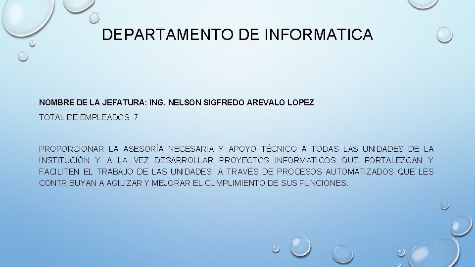 DEPARTAMENTO DE INFORMATICA NOMBRE DE LA JEFATURA: ING. NELSON SIGFREDO AREVALO LOPEZ TOTAL DE