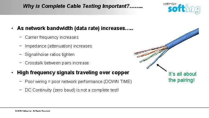 Why is Complete Cable Testing Important? ……. . • As network bandwidth (data rate)