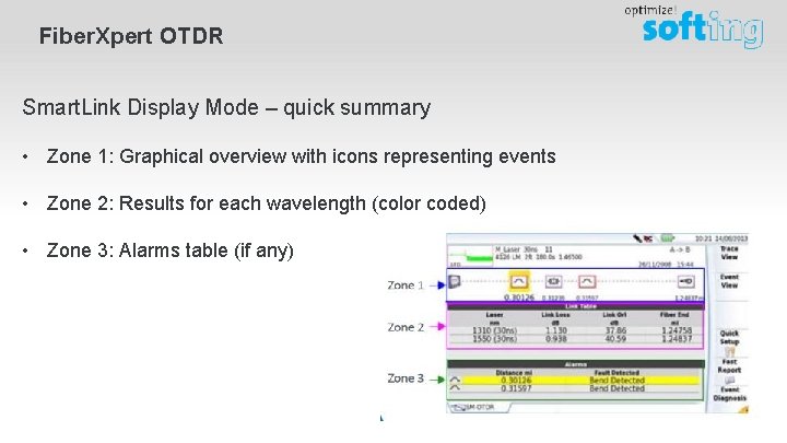 Fiber. Xpert OTDR Smart. Link Display Mode – quick summary • Zone 1: Graphical