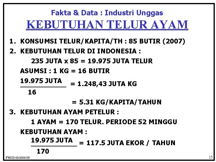 Fakta & Data : Industri Unggas KEBUTUHAN TELUR AYAM 1. KONSUMSI TELUR/KAPITA/TH : 85