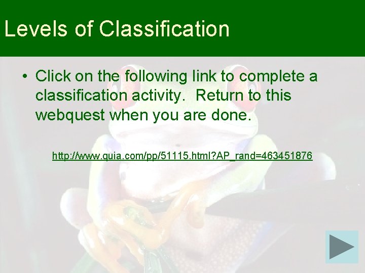 Levels of Classification • Click on the following link to complete a classification activity.