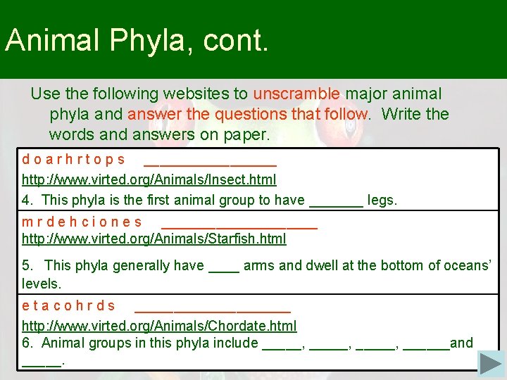 Animal Phyla, cont. Use the following websites to unscramble major animal phyla and answer