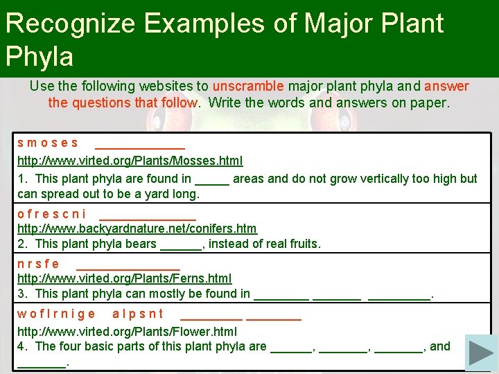 Recognize Examples of Major Plant Phyla Use the following websites to unscramble major plant