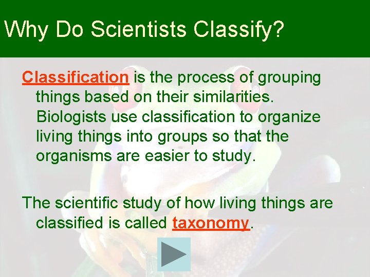 Why Do Scientists Classify? Classification is the process of grouping things based on their