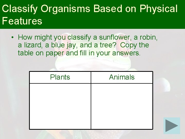 Classify Organisms Based on Physical Features • How might you classify a sunflower, a