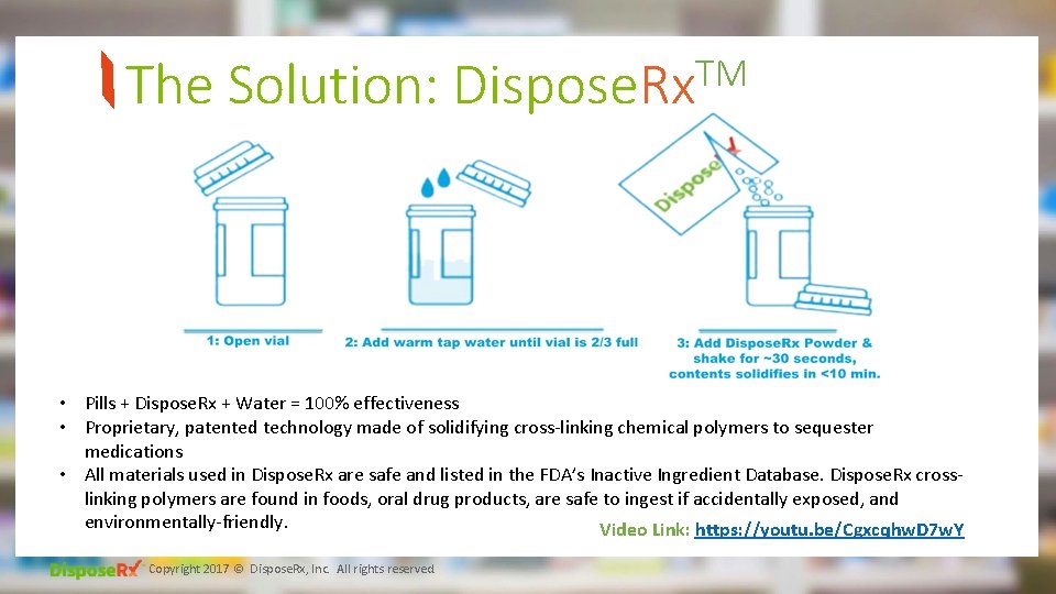 The Solution: TM Dispose. Rx • Pills + Dispose. Rx + Water = 100%