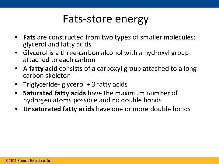 Fats-store energy • Fats are constructed from two types of smaller molecules: glycerol and