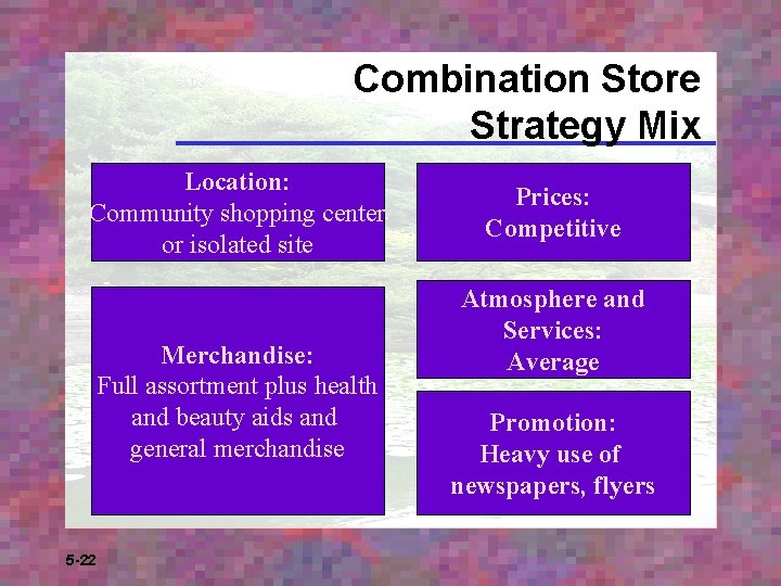 Combination Store Strategy Mix Location: Community shopping center or isolated site Merchandise: Full assortment