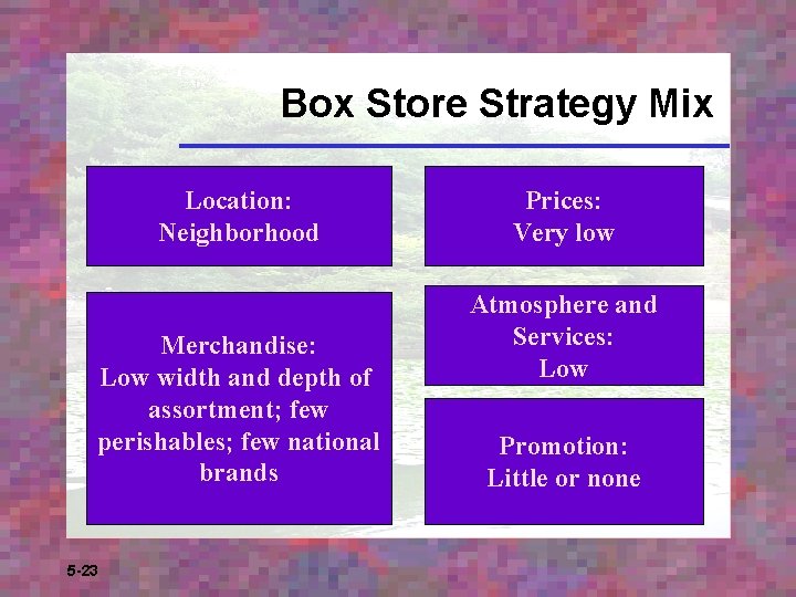Box Store Strategy Mix Location: Neighborhood Merchandise: Low width and depth of assortment; few