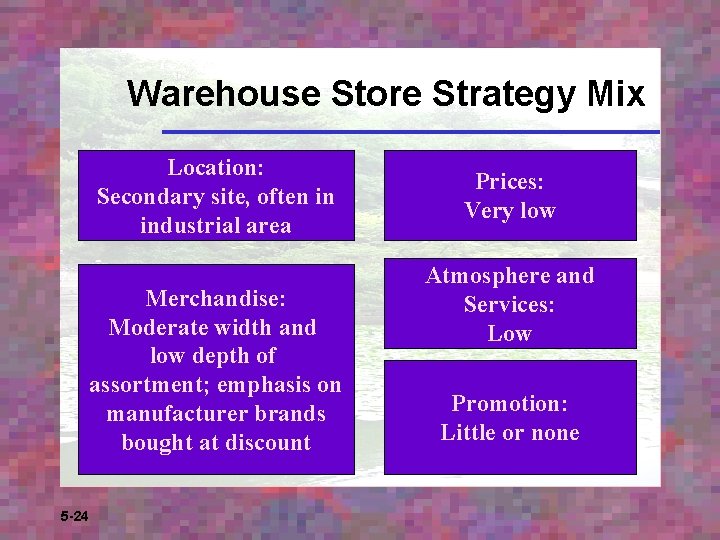Warehouse Store Strategy Mix Location: Secondary site, often in industrial area Merchandise: Moderate width