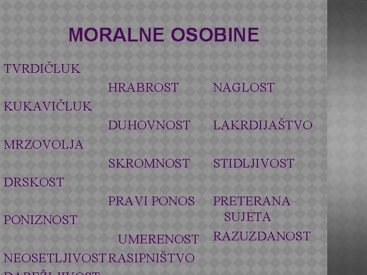 MORALNE OSOBINE TVRDIČLUK HRABROST NAGLOST DUHOVNOST LAKRDIJAŠTVO SKROMNOST STIDLJIVOST PRAVI PONOS PRETERANA SUJETA RAZUZDANOST