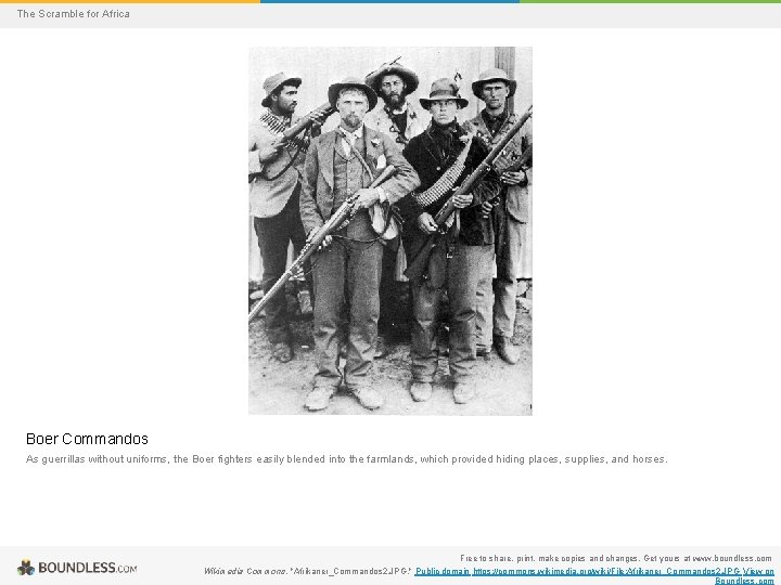 The Scramble for Africa Boer Commandos As guerrillas without uniforms, the Boer fighters easily