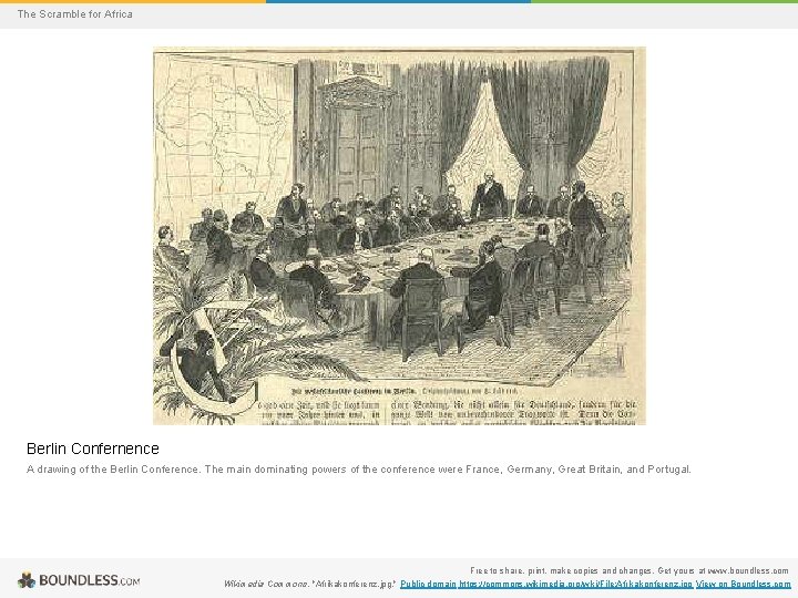 The Scramble for Africa Berlin Confernence A drawing of the Berlin Conference. The main