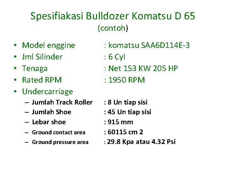 Spesifiakasi Bulldozer Komatsu D 65 (contoh) • • • Model enggine Jml Silinder Tenaga