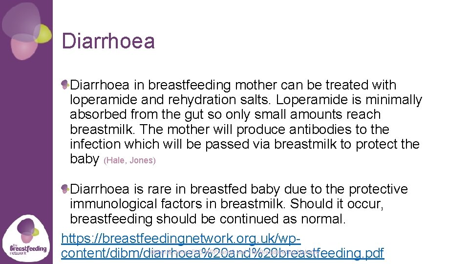 Diarrhoea in breastfeeding mother can be treated with loperamide and rehydration salts. Loperamide is