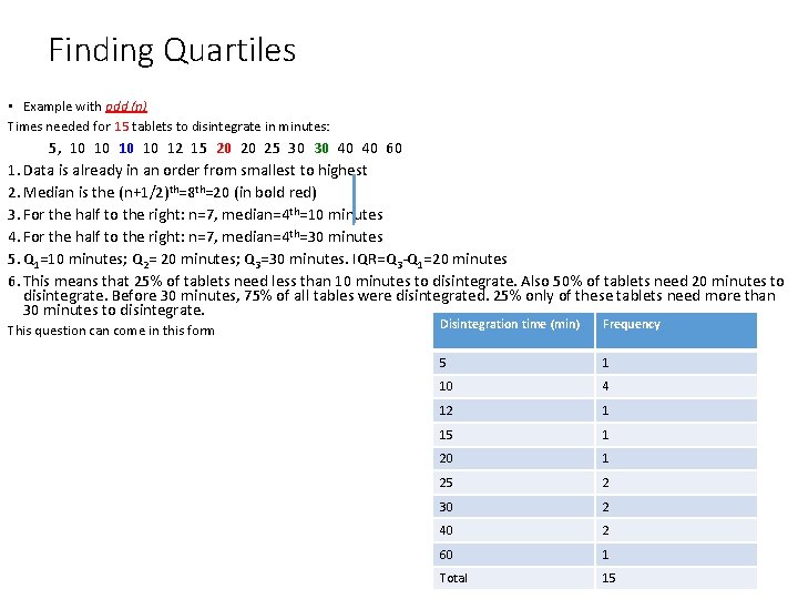 Finding Quartiles • Example with odd (n) Times needed for 15 tablets to disintegrate