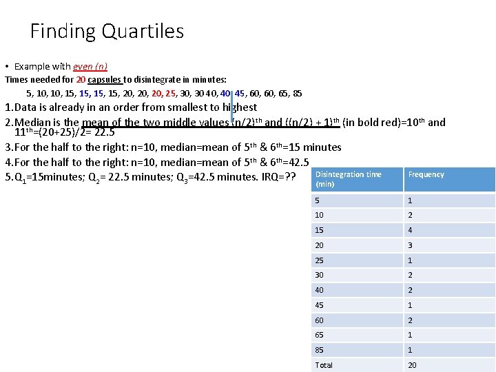 Finding Quartiles • Example with even (n) Times needed for 20 capsules to disintegrate
