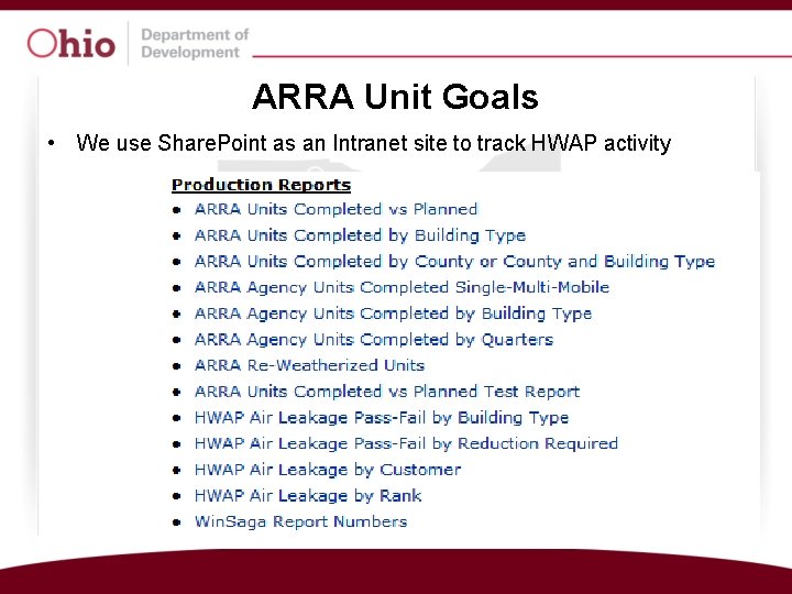 ARRA Unit Goals • We use Share. Point as an Intranet site to track