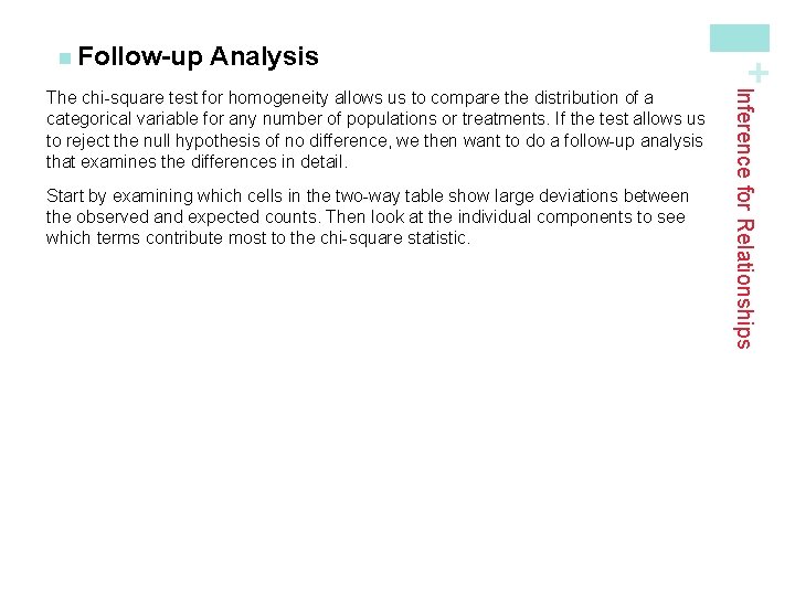 Analysis Start by examining which cells in the two-way table show large deviations between