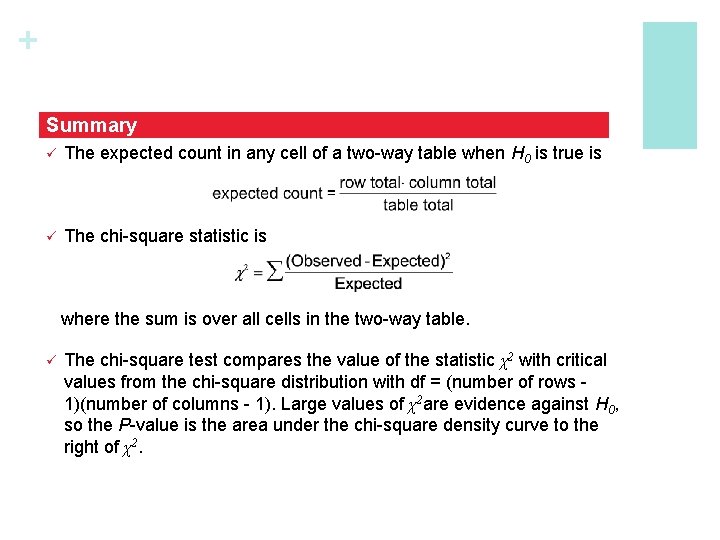 + Summary ü The expected count in any cell of a two-way table when