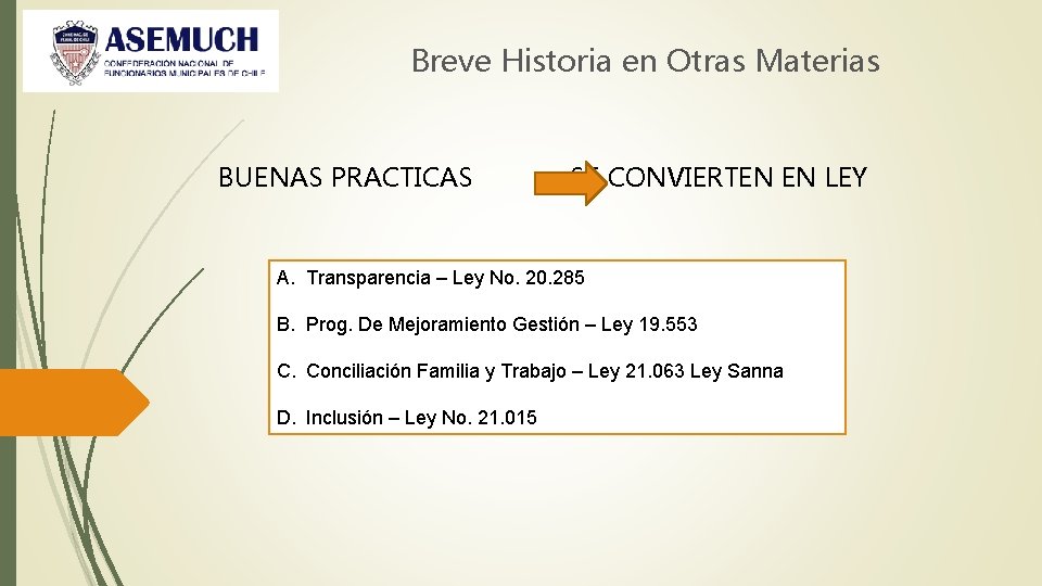 Breve Historia en Otras Materias BUENAS PRACTICAS SE CONVIERTEN EN LEY A. Transparencia –