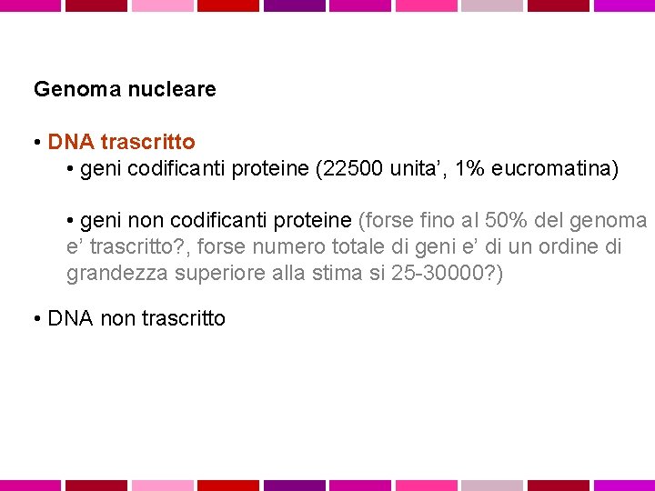 Genoma nucleare • DNA trascritto • geni codificanti proteine (22500 unita’, 1% eucromatina) •