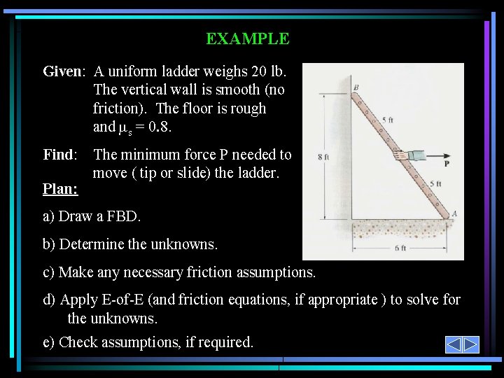 EXAMPLE Given: A uniform ladder weighs 20 lb. The vertical wall is smooth (no