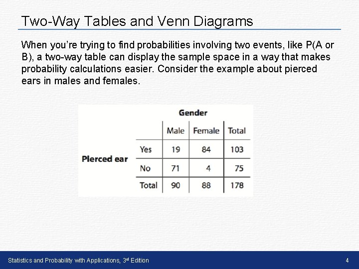 Two-Way Tables and Venn Diagrams When you’re trying to find probabilities involving two events,