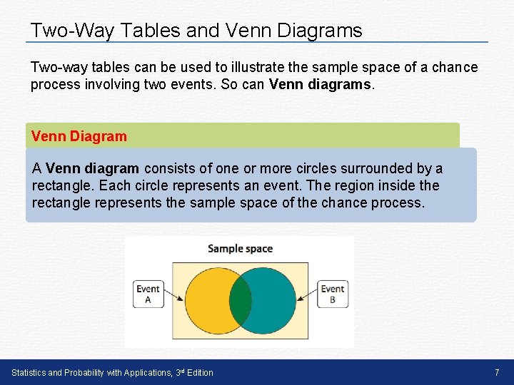 Two-Way Tables and Venn Diagrams Two-way tables can be used to illustrate the sample
