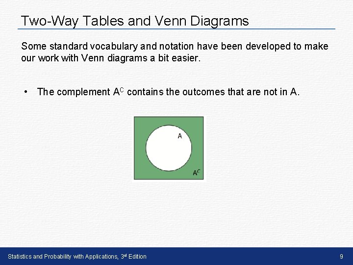 Two-Way Tables and Venn Diagrams Some standard vocabulary and notation have been developed to