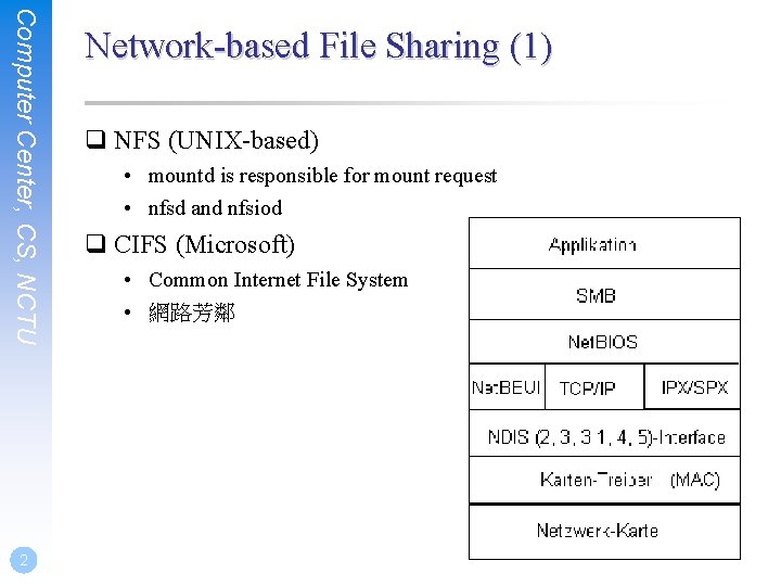 Computer Center, CS, NCTU 2 Network-based File Sharing (1) q NFS (UNIX-based) • mountd