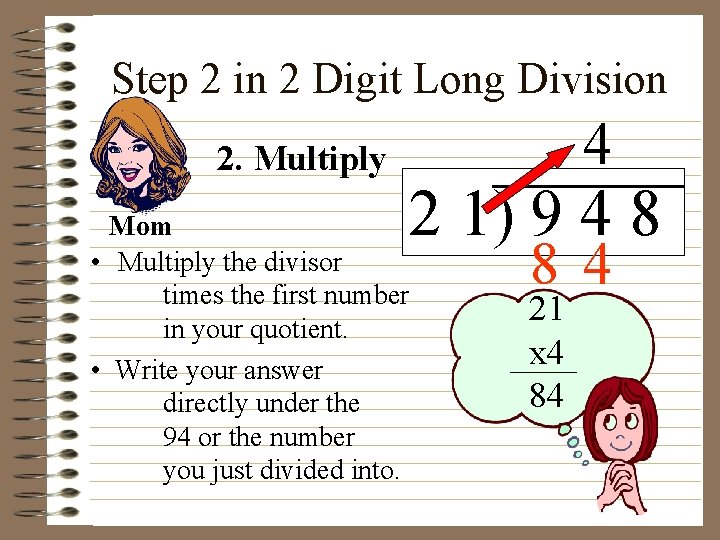 Step 2 in 2 Digit Long Division 2. Multiply 4 2 1) 9 4