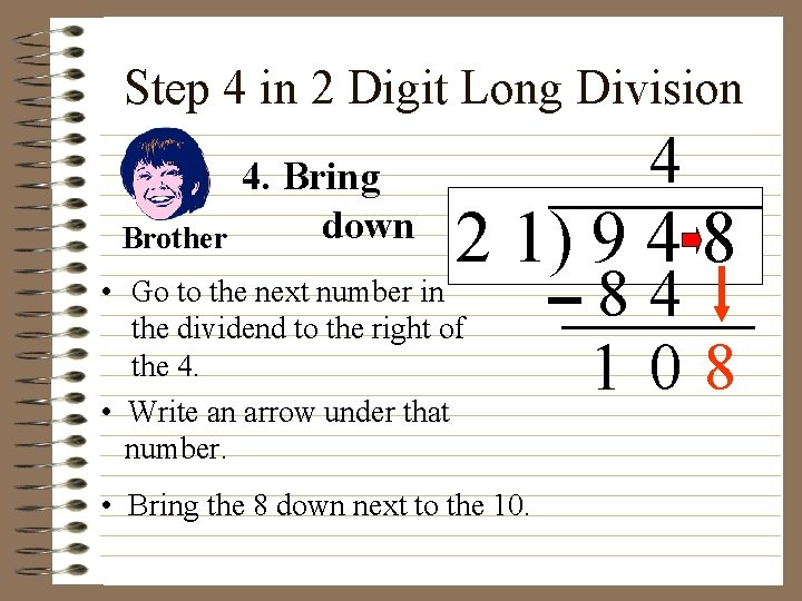 Step 4 in 2 Digit Long Division Brother 4. Bring down 4 2 1)